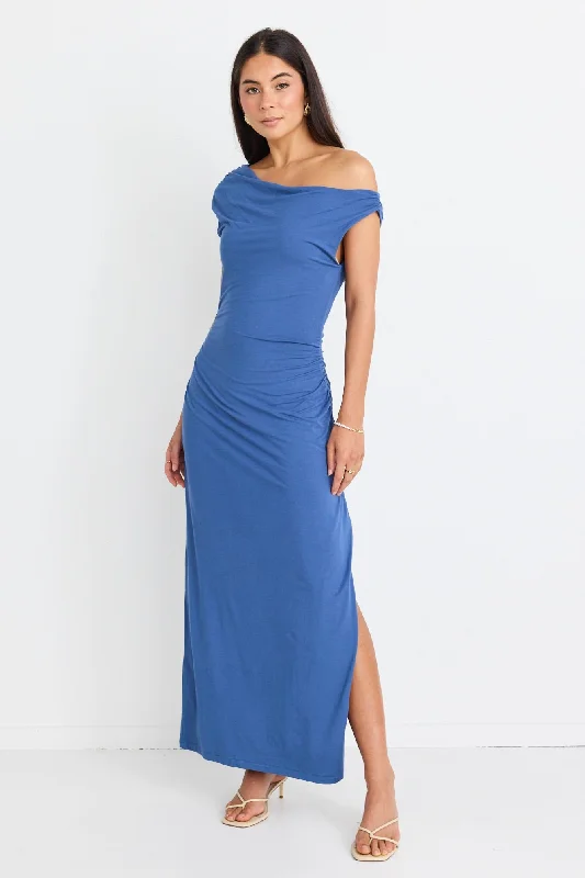 Maxi Dresses for Patio Chill -Magic Mid Blue Jersey Off Shoulder Maxi Dress