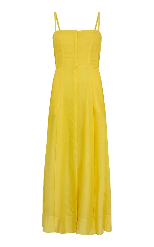 Maxi Dresses for Baby Showers -Magritte Maxi Dress in Cadmium Yellow Cashmere Silk Herringbone