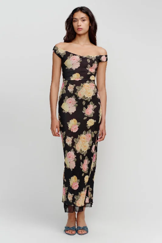 Maxi Dresses for Bridal Showers -Marla Black Vintage Roses Micro Mesh Maxi Dress