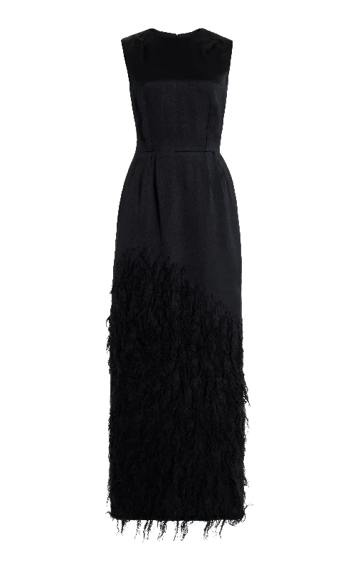 Pleated-Front Maxi Dresses -Maslow Feather Maxi Dress in Black Silk Satin