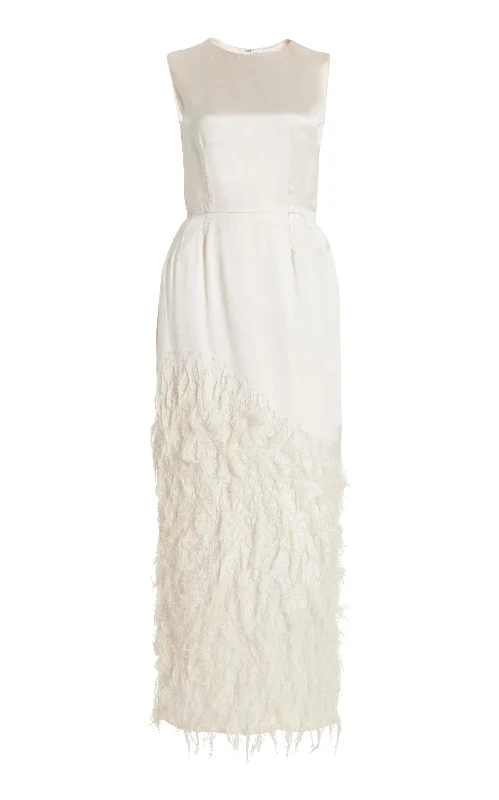 Open-Back Maxi Dresses -Maslow Feather Maxi Dress in Ivory Silk Satin