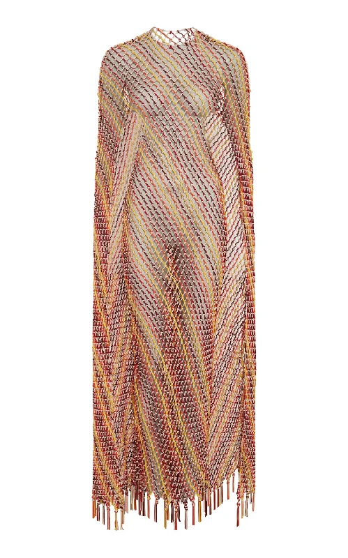 Maxi Dresses for Movie Nights -Matheia Fringe Macrame Maxi Dress in Multi Silk