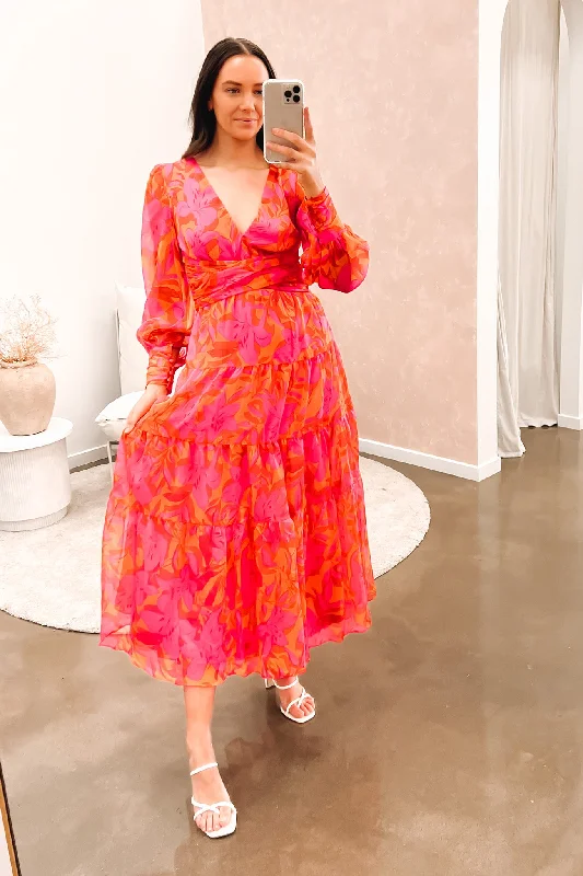 Gathered-Hem Maxi Dresses -Mayes Maxi Dress Pink Orange