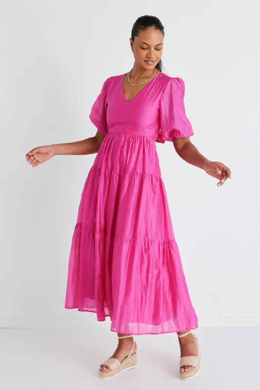 Mesh-Edge Maxi Dresses -Musical Hot Pink Tie Back Puff Sleeve Maxi Dress