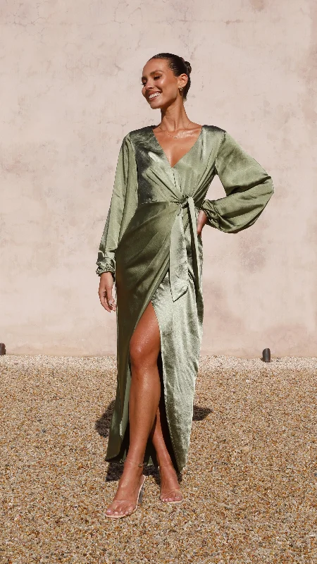 Boat-Neck Maxi Dresses -Naomi Long Sleeve Maxi Dress - Olive