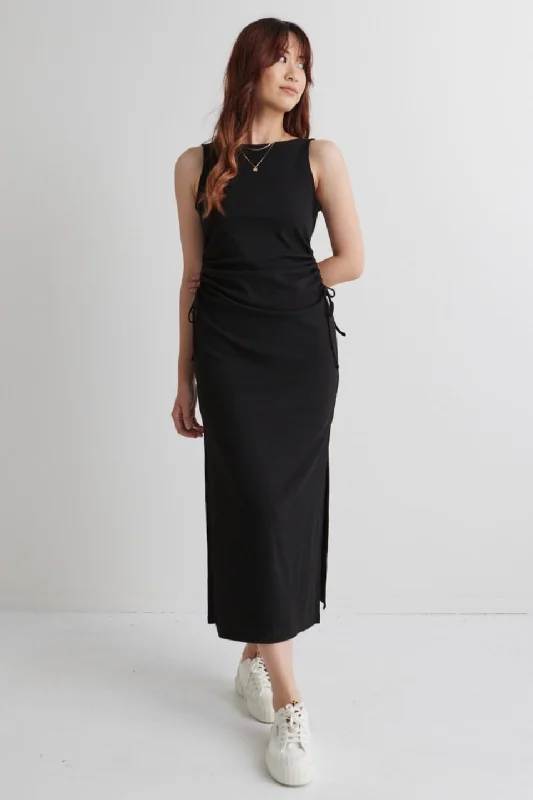 Flared-Edge Maxi Dresses -Night Out Black Rib Rouched Sleeveless Maxi Dress