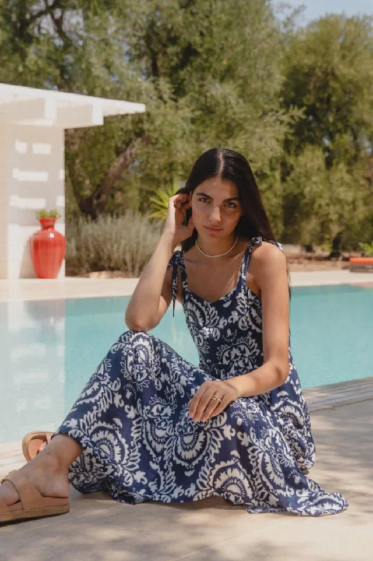 Maxi Dresses for Roof Dates -Nimbus Navy Tile Print Strappy Tiered Maxi Dress