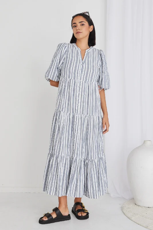 Maxi Dresses for Dance Edge -Noya Navy Stripe Puff Ss Buttoned Tiered Maxi Dress