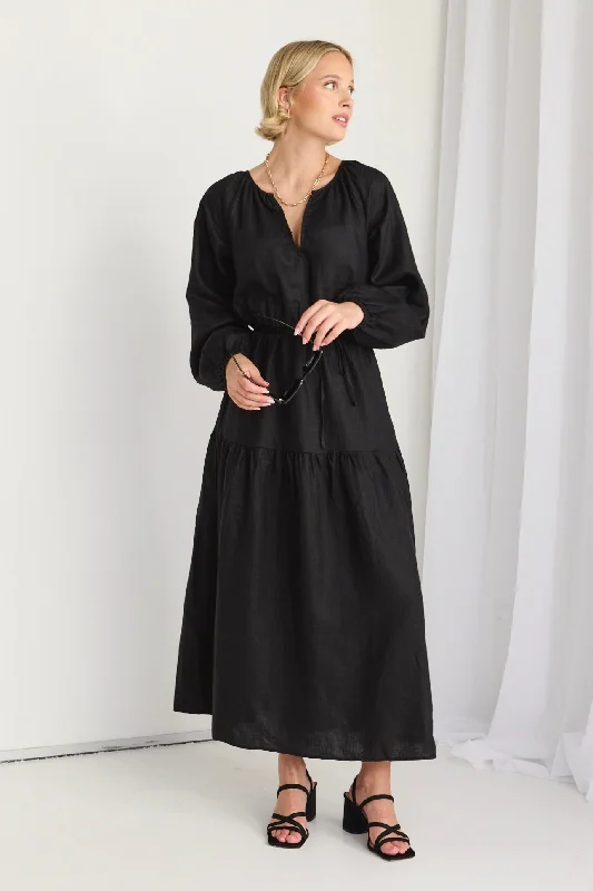 Light-Cotton Maxi Dresses -Oasis Black Linen LS Raglan Maxi Dress