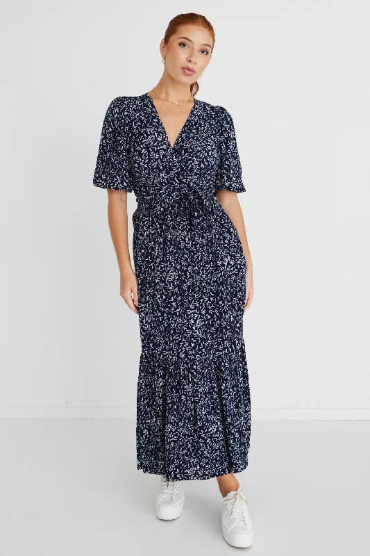 Maxi Dresses for Roof Chill -Ocean Navy Leaves SS Wrap Maxi Dress