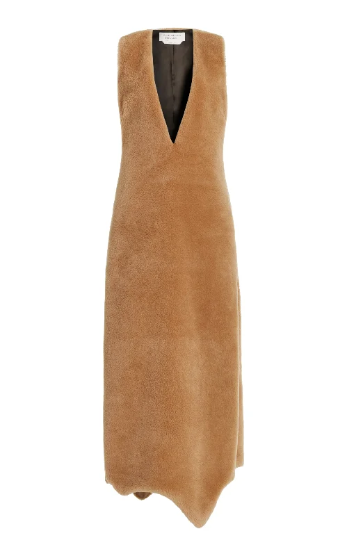 Split-Front Maxi Dresses -Ornstone Maxi Dress in Camel Virgin Wool Silk Cashmere Fur