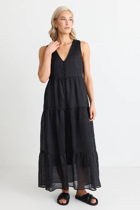 Maxi Dresses for Charity Nights -Pacific Black Cotton Voile Sleeveless Button Front Tiered Maxi Dress