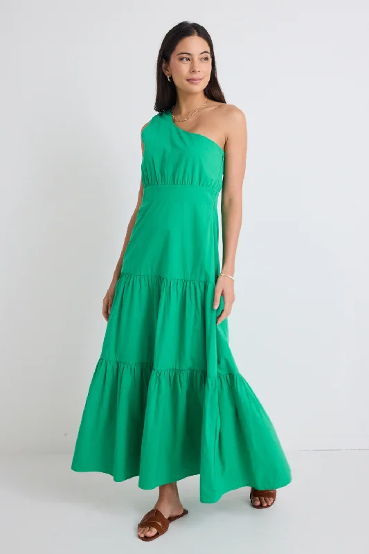 Maxi Dresses for Club Chill -Parade Green One Shoulder Tiered Maxi Dress