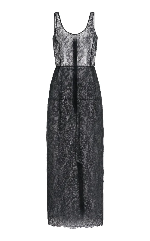 Pleated-Edge Maxi Dresses -Polus Sheer Maxi Dress with Slip in Black Silk Lace