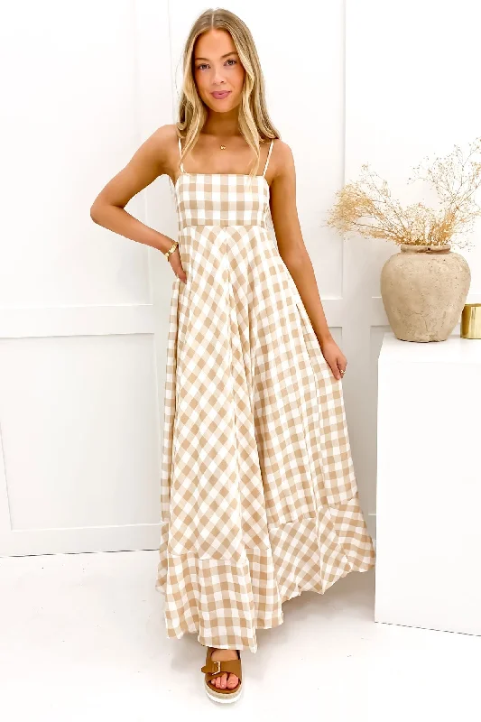 Smooth-Velvet Maxi Dresses -Raine Maxi Dress Beige Check