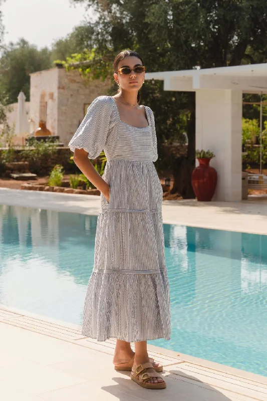 Side-Gather Maxi Dresses -Sparrow Blue Stripe Puff Short Sleeve Tiered Maxi Dress