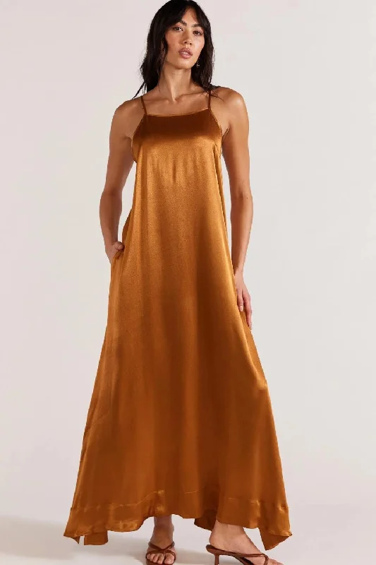 Subtle Maxi Dresses for Ease -Rayna Copper Satin Strappy Maxi Dress