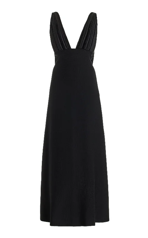 Ruffle-Hemline Maxi Dresses -Renato Fringe Maxi Dress in Black Merino Wool