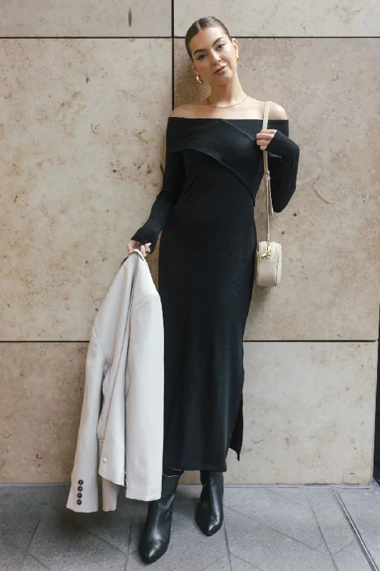 Maxi Dresses for Lake Parties -Reputation Black Off Shoulder Jersey Maxi Dress