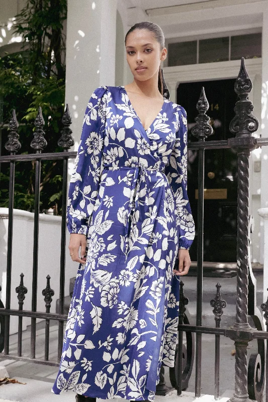 Crisscross-Back Maxi Dresses -Resonance Blue Floral Satin LS Wrap Maxi Dress