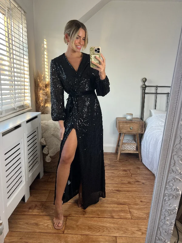 Maxi Dresses for Cocktail Events -Ria Sequin Wrap Maxi Dress / Black