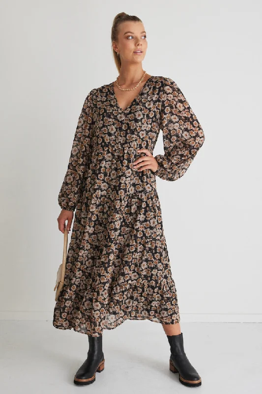 Wild-Silk Maxi Dresses -Rory Black Gold Floral Ls V Neck Tiered Maxi Dress