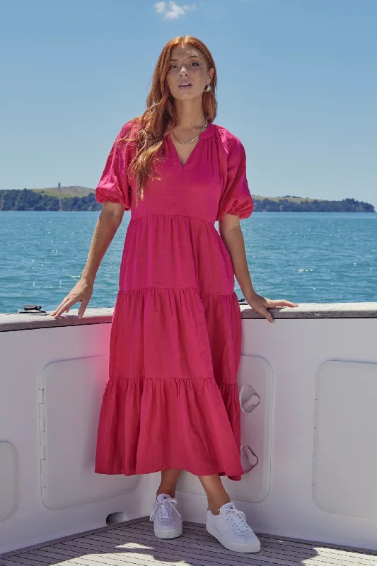 Pleated-Front Maxi Dresses -Santorini Raspberry Linen Puff Ss V-Neck Tiered Maxi Dress