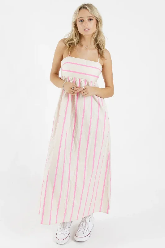 Maxi Dresses for Night Brunches -Saturday Pink Stripe Strappy Maxi Dress