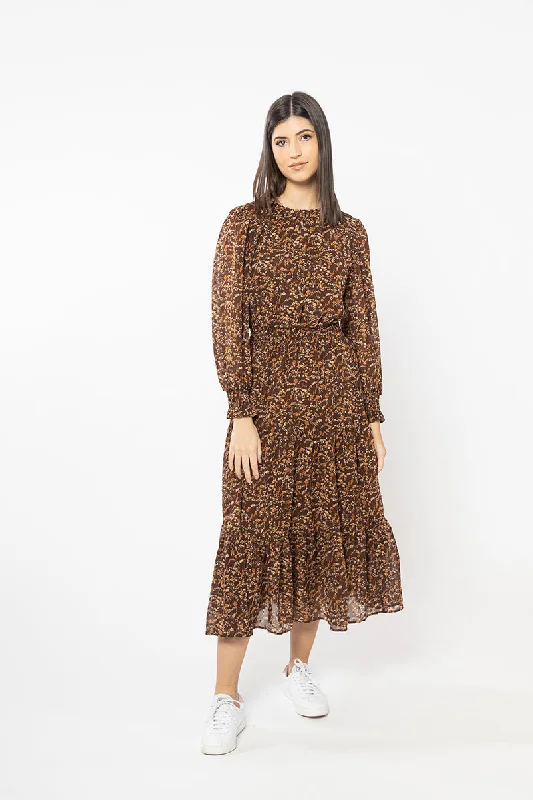 Lace-Edge Maxi Dresses -Serene Bronze Floral Shirred Waist LS Maxi Dress