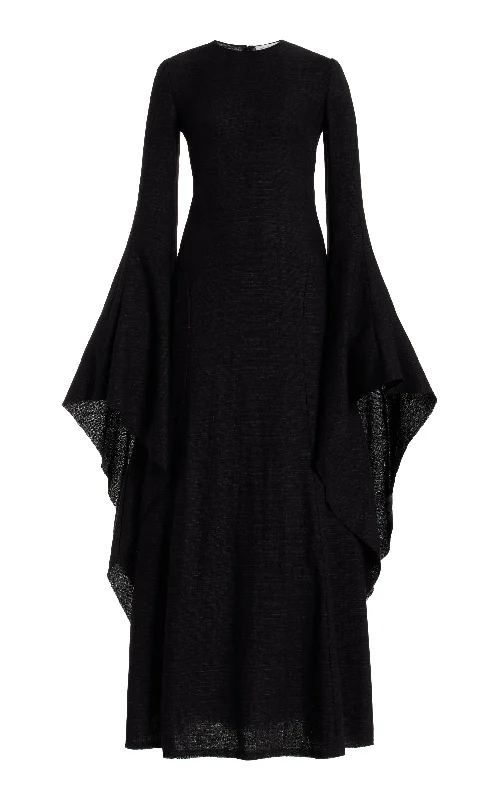 Maxi Dresses for Day Adventures -Sigrud Draped Maxi Dress in Black Wool Silk Gauze