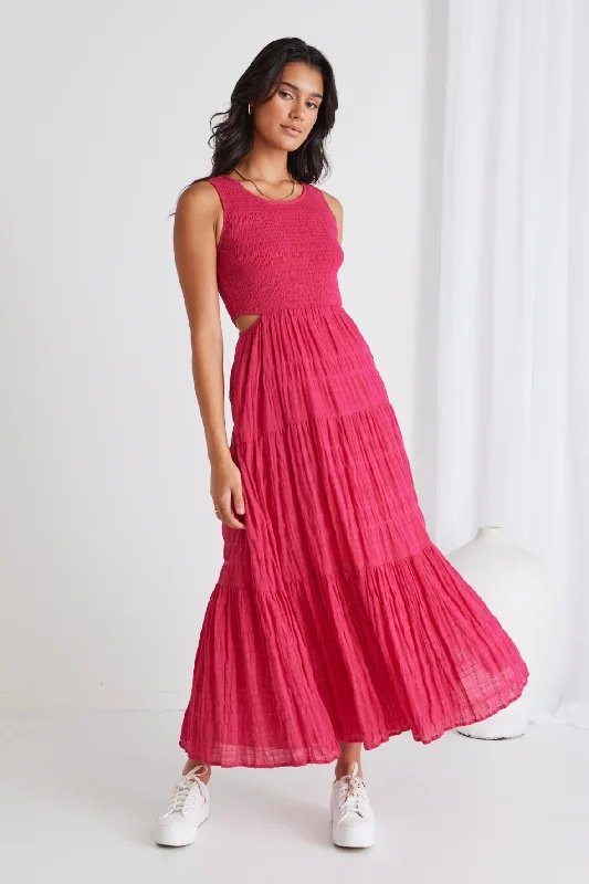 Maxi Dresses for Wine Tastings -Sorella Raspberry Shirred Cotton Sleeveless Waist Cut Out Tiered Maxi Dress