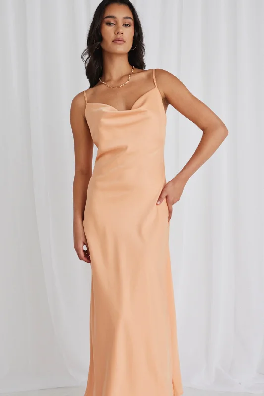 Maxi Dresses for Chill Parties -Sovereign Melon Satin Strappy Maxi Dress