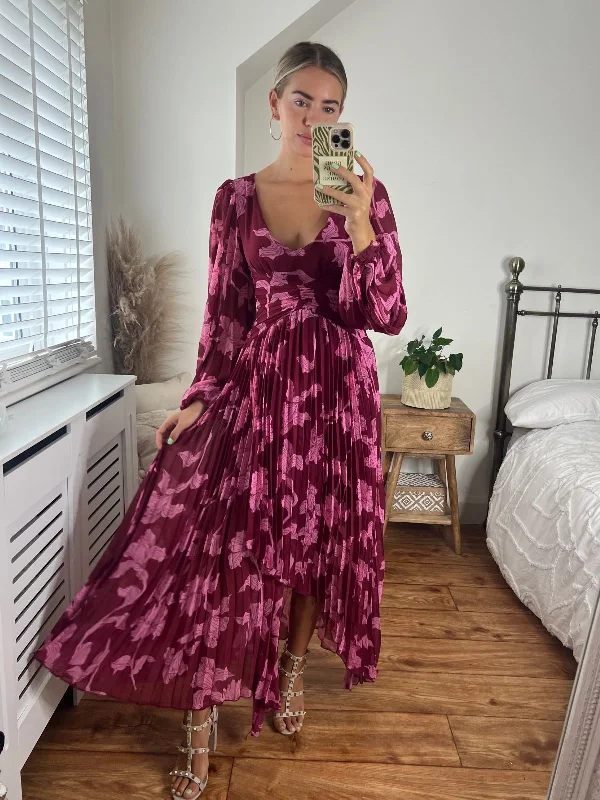 Pleated-Bodice Maxi Dresses -Toni Long Sleeved Pleated Maxi Dress / Mulberry Floral