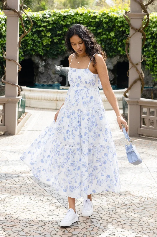 Scalloped-Edge Maxi Dresses -Universe Blue Floral Tie Back Tiered Strappy Maxi Dress