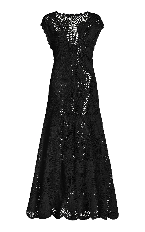 Maxi Dresses for Quick Getaways -Waldman Crochet Maxi Dress in Black Wool Cashmere