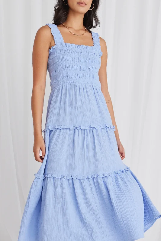 Maxi Dresses for Small Dates -Worthy Powder Blue Shirred Tiered Strappy Maxi Dress