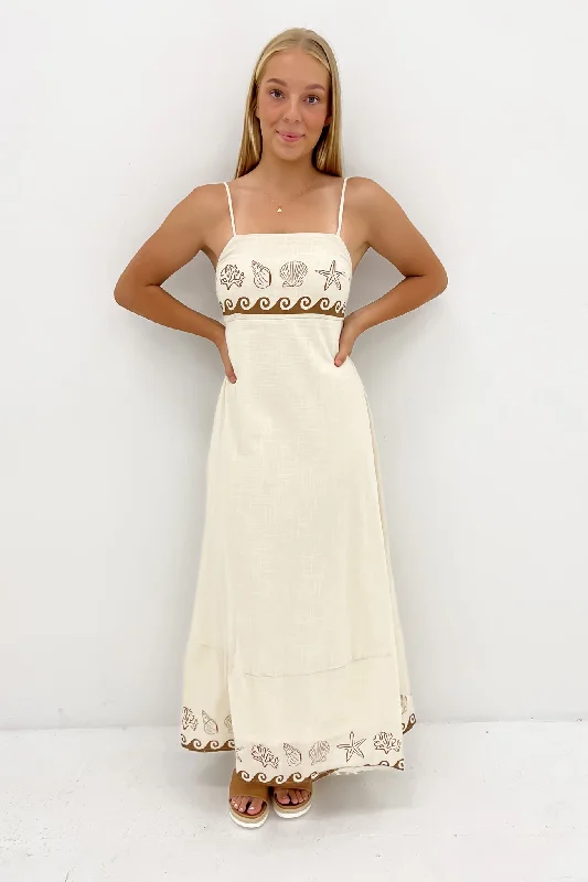 Puff-Sleeve Maxi Dresses -Zhuri Maxi Dress Beige Shell Wave