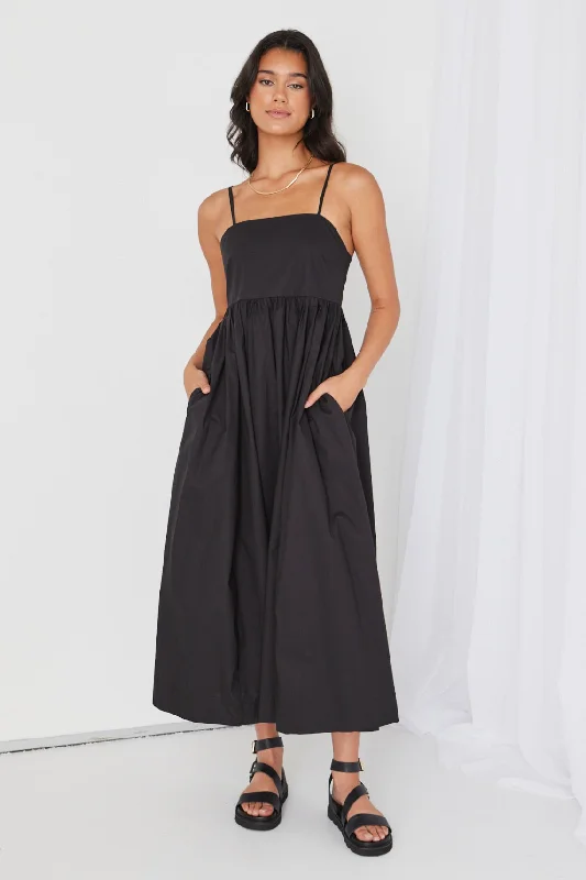 Scoop-Neck Maxi Dresses -Zion Black Poplin Strappy Maxi Dress